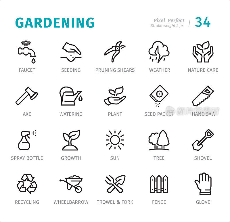 Gardening - Pixel Perfect line icons with captions